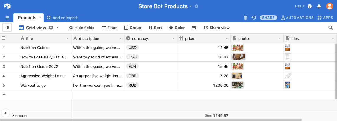 Airtable dashboard screenshot