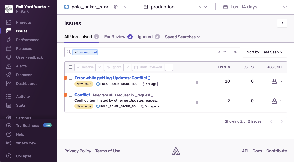 Sentry dashboard screenshot